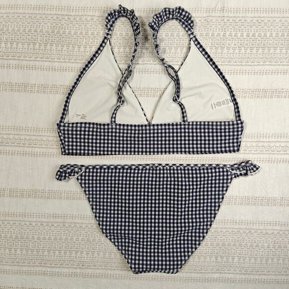 Aerie LIG Navy Checkered 2 Piece Swimsuit Size L Bikini Ruffle Trim NEW - Picture 2 of 5